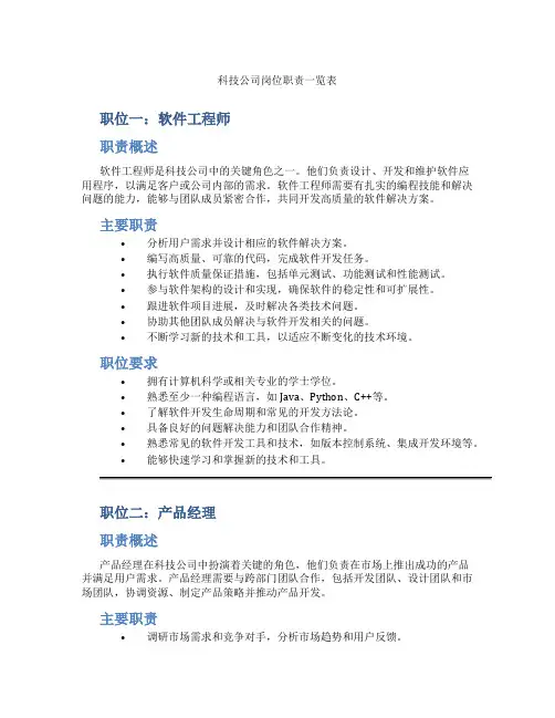 科技公司岗位职责一览表