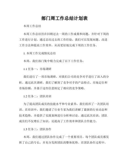 部门周工作总结计划表