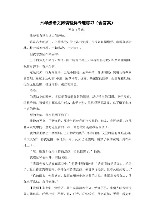 六年级语文阅读理解专题练习(含答案)