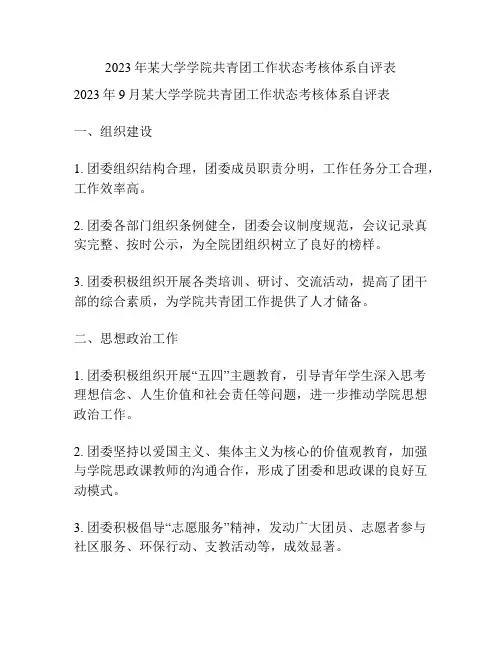 2023年某大学学院共青团工作状态考核体系自评表