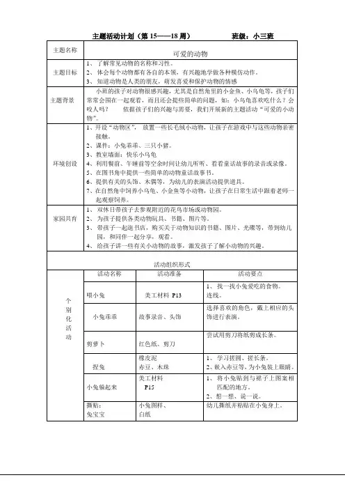 幼儿园 主题活动计划：可爱的动物 