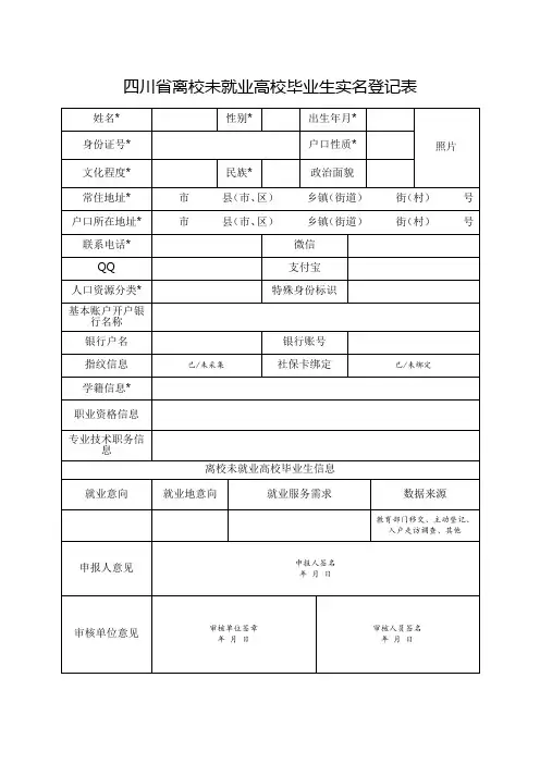 四川省离校未就业高校毕业生实名登记表