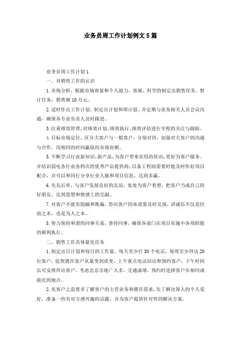 业务员周工作计划例文5篇