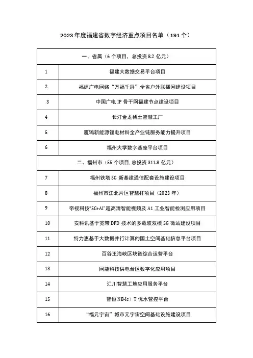 2023年度福建省数字经济重点项目名单