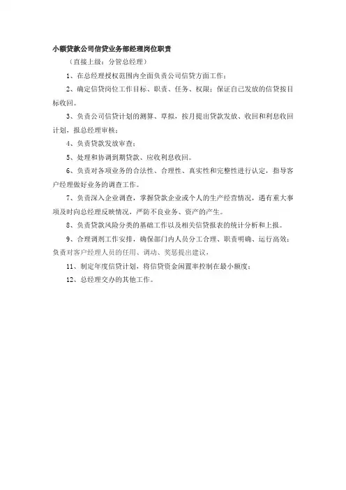 小额贷款公司信贷业务部经理岗位职责