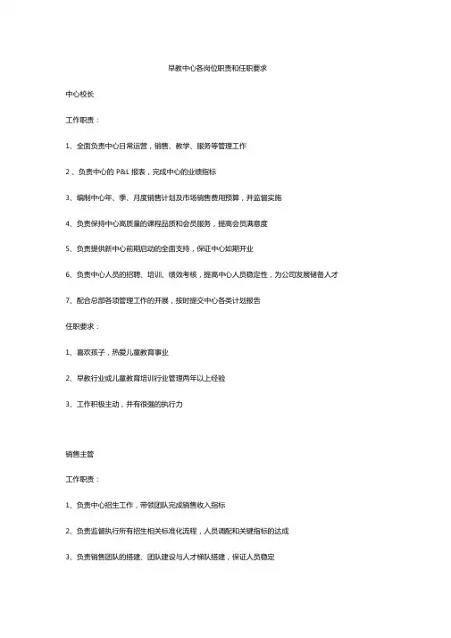 早教中心各岗位职责和任职要求