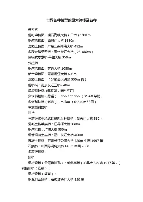 世界各种桥型的最大跨径及名称