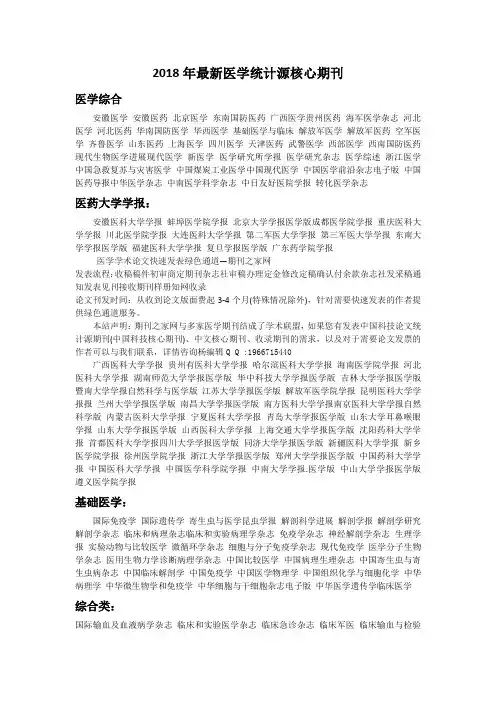 2018年医学统计源核心期刊