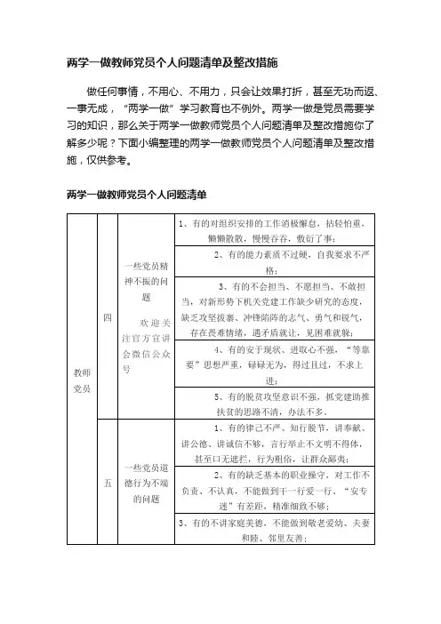 两学一做教师党员个人问题清单及整改措施