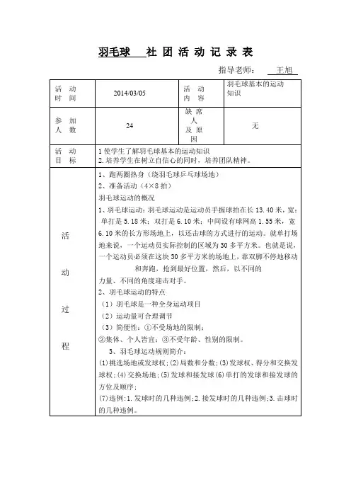 羽毛球   社 团 活 动 记 录 表