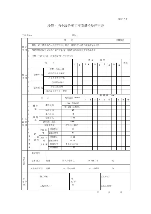 堤岸挡土墙分项工程质量检验评定表