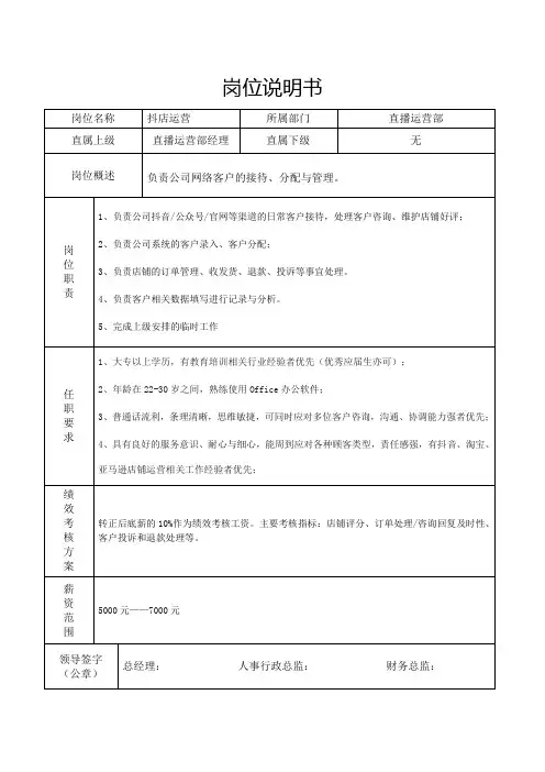 岗位说明书(抖店运营)