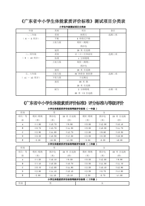 广东省中小学生体能素质评价标准
