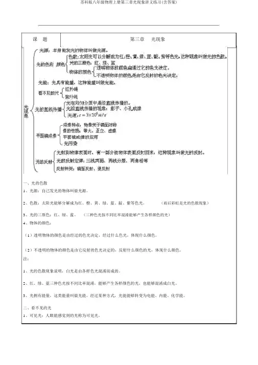 苏科版八年级物理上册第三章光现象讲义练习(含答案)