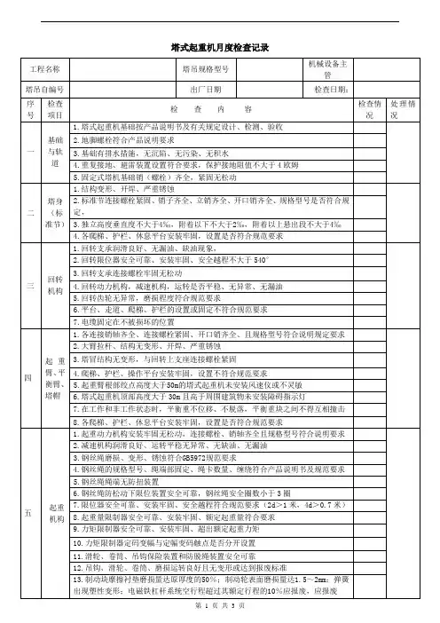 塔式起重机月度检查记录
