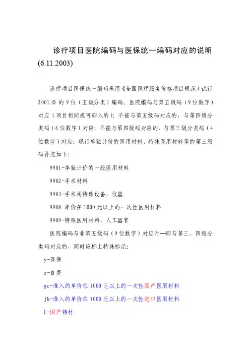 诊疗项目医院编码与医保统一编码对应的说明（6112003）.