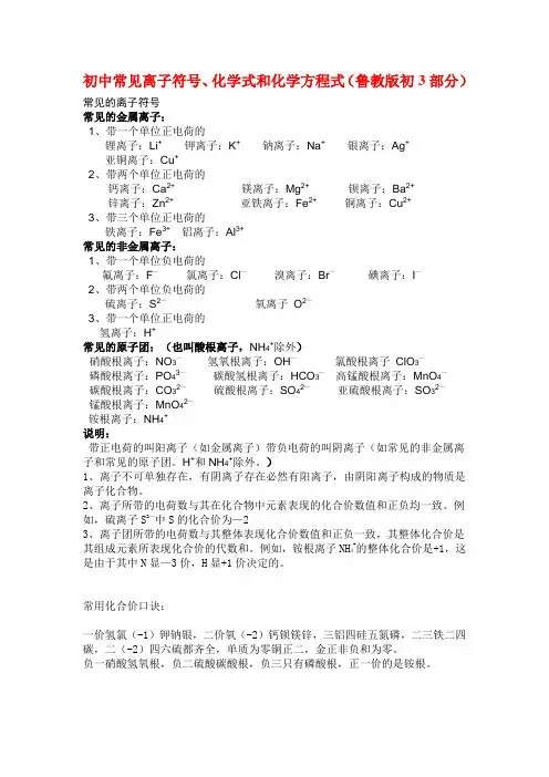 初中常见离子符号 化学式和化学方程式