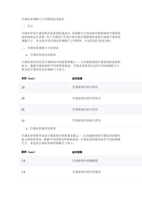 空调水管规格尺寸对照表