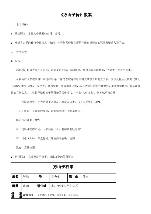 高中语文苏教版精品教案《苏教版高中语文选修：唐宋八大家散文选读 方山子传》2