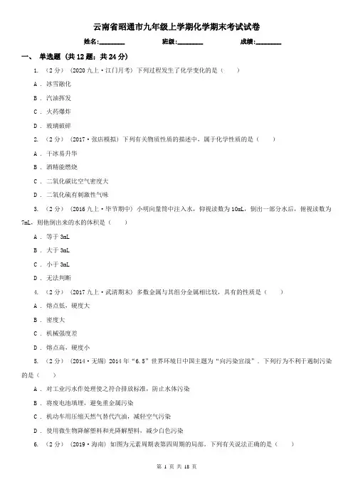 云南省昭通市九年级上学期化学期末考试试卷