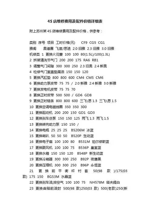 4S店维修费用及配件价格详细表