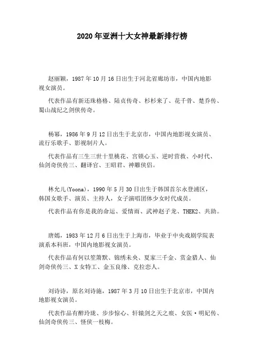 2020年亚洲十大女神最新排行榜