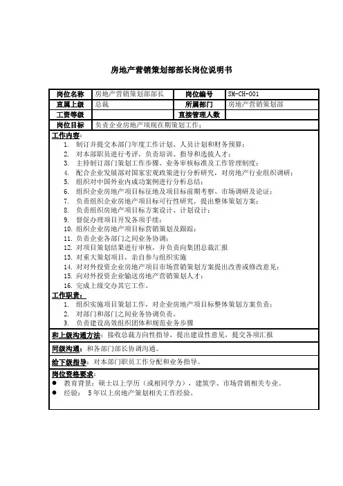房地产营销策划部部长岗位职责样本