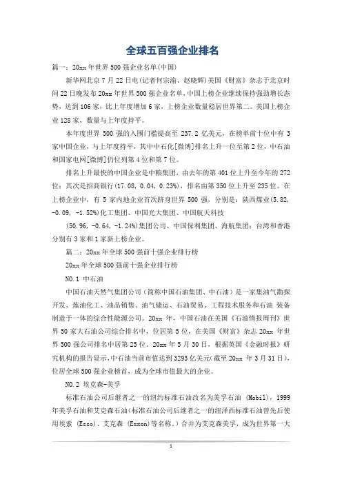全球五百强企业排名