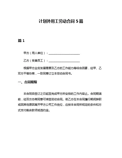 计划外用工劳动合同5篇