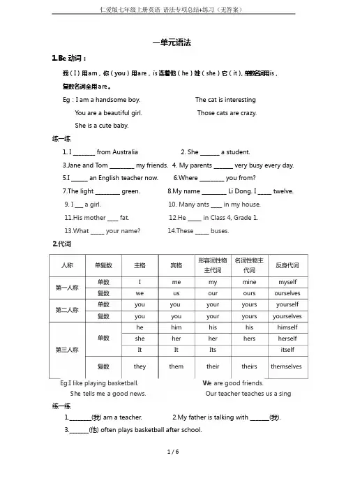 仁爱版七年级上册英语 语法专项总结+练习(无答案)