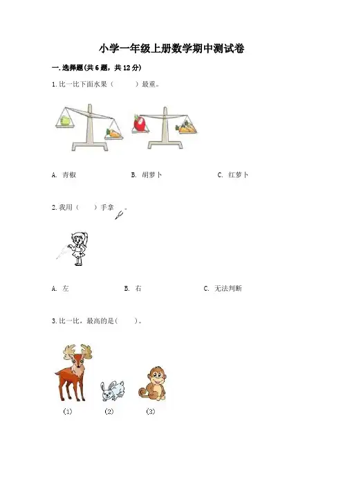 小学一年级上册数学期中测试卷可打印