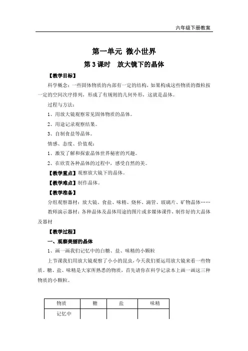 小学六年级下册科学教案 一单元第3课时  放大镜下的晶体