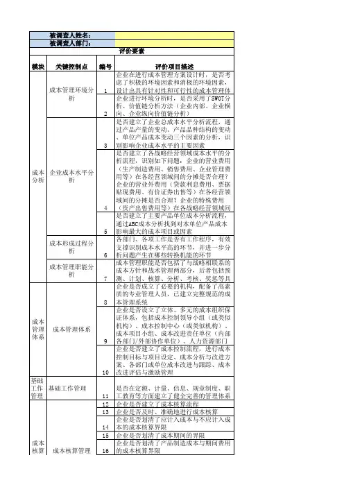 内控问卷调查表 业务内控 成本管理 