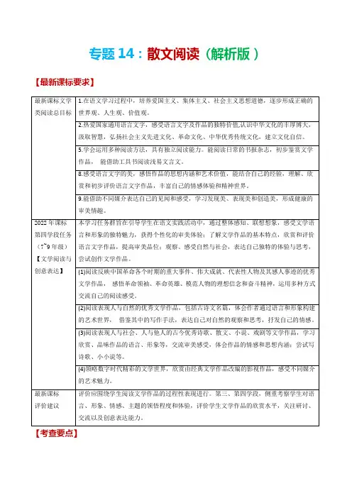 专题14  散文阅读 -备战2023年中考语文黄金考点突破(浙江专用)(原卷版)
