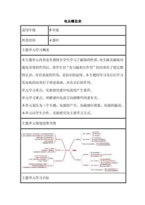 初中物理《电从哪里来》单元教学设计以及思维导图