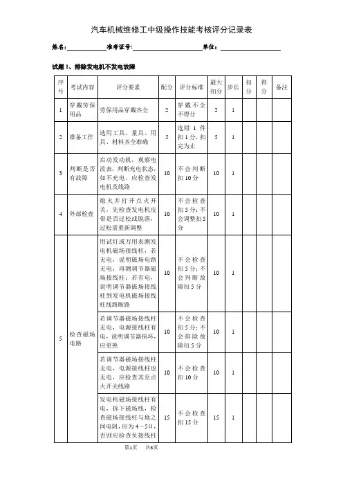汽车机械维修工中级操作技能考核评分记录表