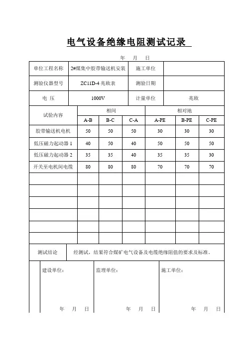电气设备绝缘电阻测试记录