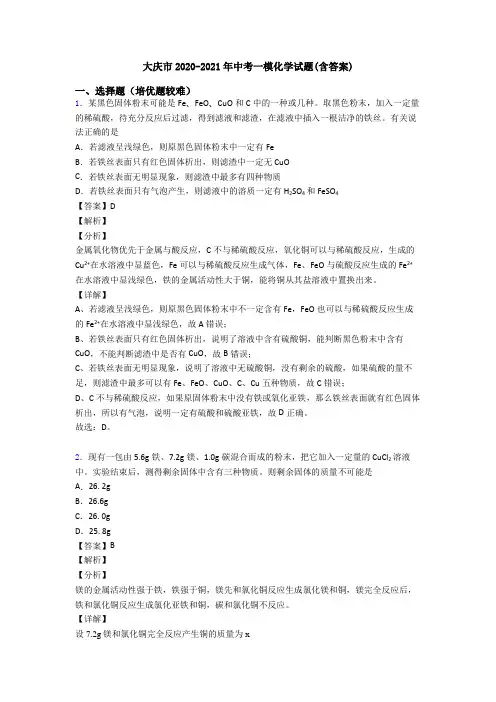 大庆市2020-2021年中考一模化学试题(含答案)