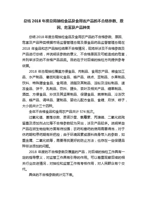 总结2018年度总局抽检食品及食用农产品的不合格参数、原因、危害及产品种类