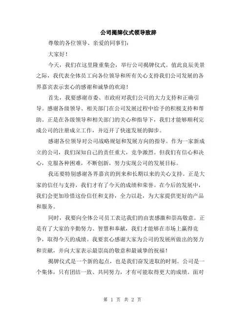 公司揭牌仪式领导致辞
