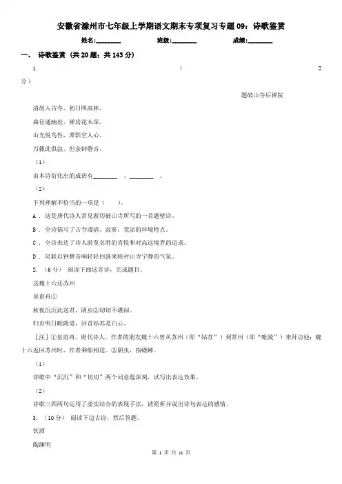 安徽省滁州市七年级上学期语文期末专项复习专题09：诗歌鉴赏