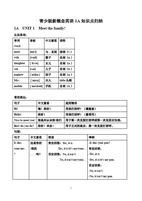 青少版新概念1A知识归纳