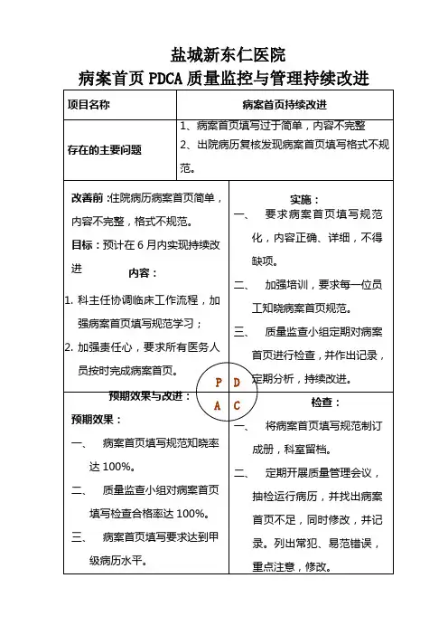 病案首页填写持续改进PDCA