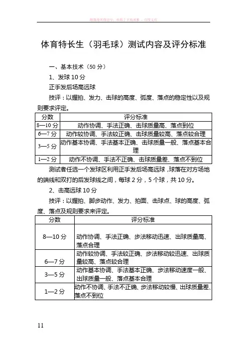 体育特长生(羽毛球)测试内容及评分标准