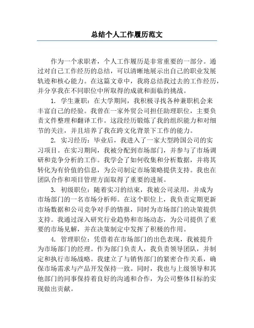 总结个人工作履历范文