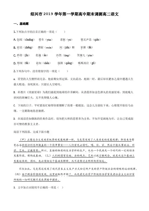 浙江省绍兴市2019-2020学年高二上学期期末语文试题(原卷版)