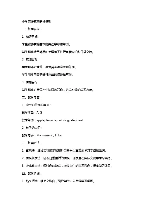 小学英语教案表格模板