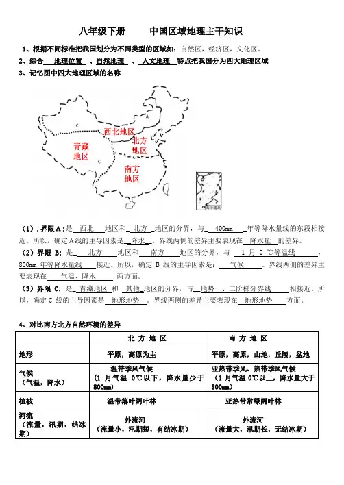 初中八年级下册地理中国区域地理主干知识