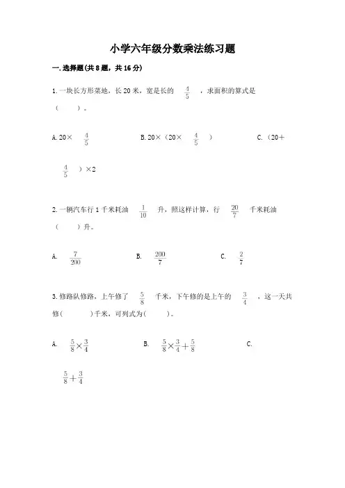 小学六年级分数乘法练习题及完整答案【夺冠系列】