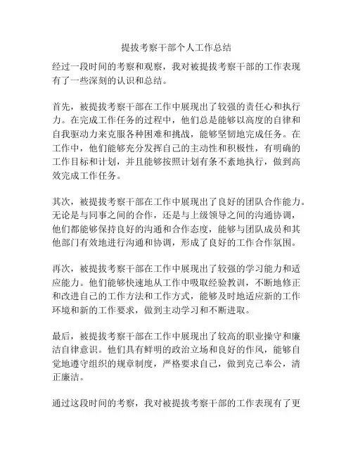 提拔考察干部个人工作总结